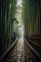 Fototapeta premium Bamboo forest in the ancient alley of the ancient city. Green bamboo forest. Pathway with many bamboos in misty rain. Realistic 3D illustration. Generative AI