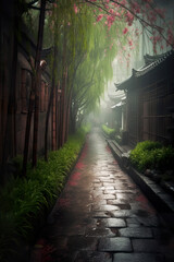 Bamboo forest in the ancient alley of the ancient city. Green bamboo forest. Pathway with many bamboos in misty rain. Realistic 3D illustration. Generative AI