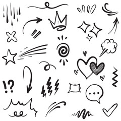 Vector set of hand-drawn cartoony expression sign doodle, curve directional arrows, emoticon effects design elements, cartoon character emotion symbols, cute decorative brush stroke lines.