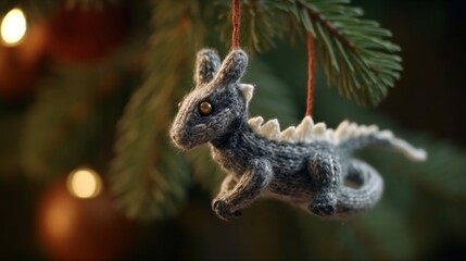 Obraz premium Little knitted dragon toy on a christmas tree. Closeup. Christmas and new year card. Bokeh background. Generative ai