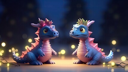 Fototapeta premium Two little cute dragons surrounded by Christmas lights. Christmas and new year holliday card. Generative ai
