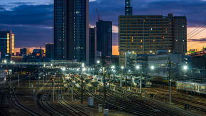 Fototapeta premium Train depot at Nagoya station at night.