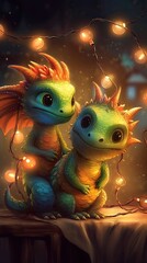 Two little cute dragons surrounded by Christmas lights. Christmas and new year holliday card. Generative ai
