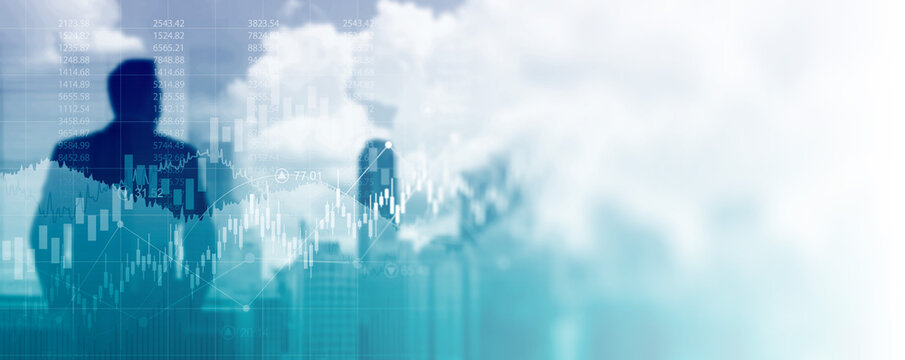 financial chart with stock market graph and business man in office looking at cityscape background