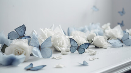 Beautiful table decorated with beautiful flowers and light blue-white arrangements. Romantic scene with clear and natural flowers, natural light. Realistic 3D illustration. Generative AI