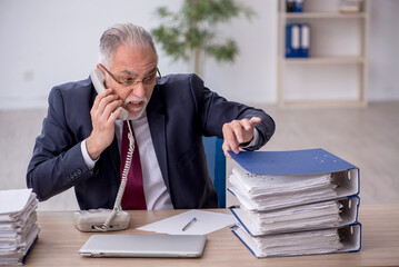 Old male employee speaking by phone at workplace
