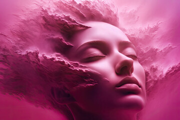 portrait of a woman on magenta foggy background, eyes closed dreaming, psychic waves concept illustration, generative ai