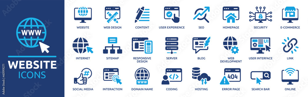Aufkleber website icon set. containing web design, internet, content, seo, hosting, server, homepage and e-com