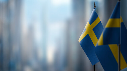 Small flags of the Sweden on an abstract blurry background - obrazy, fototapety, plakaty