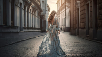 Naklejka premium Beautiful young woman in a long dress walking in the city. Girl in dress runs in the city. Back view of a young happy woman. Realistic 3D illustration. Generative AI