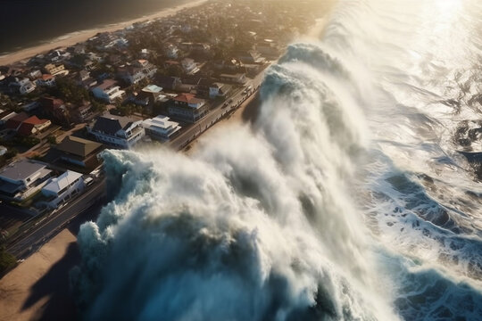 Tsunami wave crashing into coastal town, generative Ai