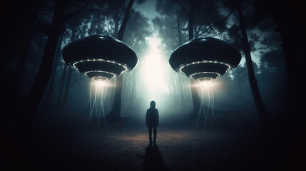 Person observing two dark surreal UFOs in the misty gloomy forest. UAP, flying saucer, alien craft.