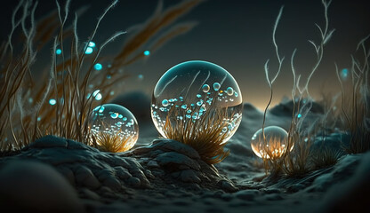 Alien bioluminescent life inside the bubbles. Extraterrestrial life forms. Digital illustration.