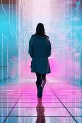 View from behind, woman walking on the transparent digital data bridge trough the leak of data, digital escapism concept