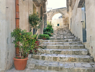 Fototapeta premium staircase with stone steps in the small alley of Matera with plants along the facade and an arch at the top of the steps