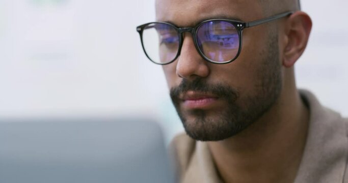 Laptop, programmer and business man in office for research, technology and programming. Internet, software and website with male developer and glasses for productivity, connection and it solution