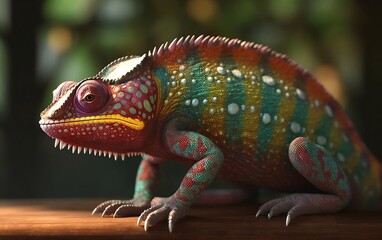 Multicolored chameleon on a green background created with Generative AI technology