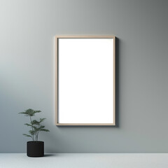 Empty frame on white wall in room. Modern black frames on gray wall. Mockup of black photo frame with vase of flowers. Realistic 3D illustration. Generative AI