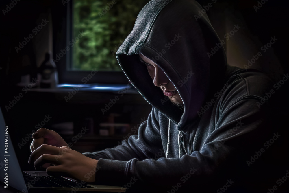 Poster hooded hacker stealing data from a laptop at night. dark background. generative ai