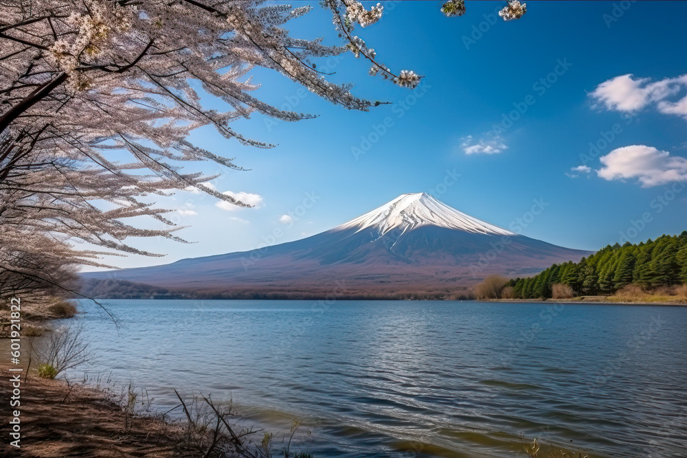 Poster blossoming sakura branches with a view of the mountain. generative ai