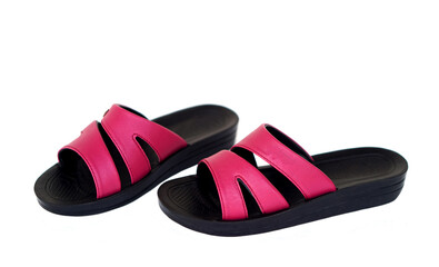 Pair of rubber slippers, shoes for easy day wearing and walking, isolated on white background.  concept, fashion shoes for lady or uni sex. light, comfortable.  