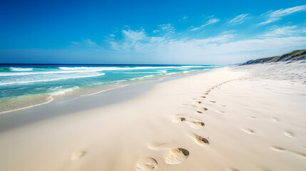 photo beach with foot mark on sand and blue sky ai generative - obrazy, fototapety, plakaty