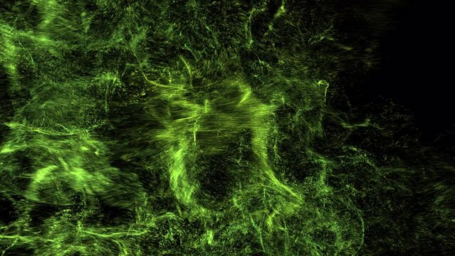Glowing green liquid streams collide and splash in this precise 3D fluid dynamics simulation, alpha, 4k 24p