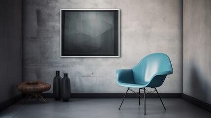 Stylish blue chair on dark background. Blue chair with wooden base in minimalist style on dark gray background. Realistic 3D illustration. Generative AI