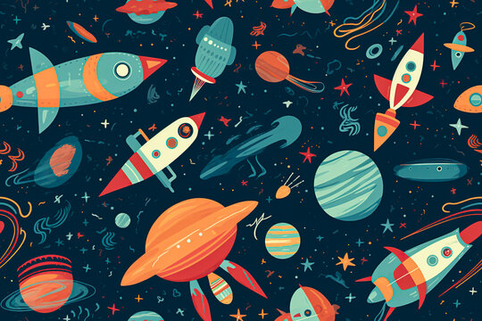 Seamless pattern with rockets, planets and stars. Generative AI