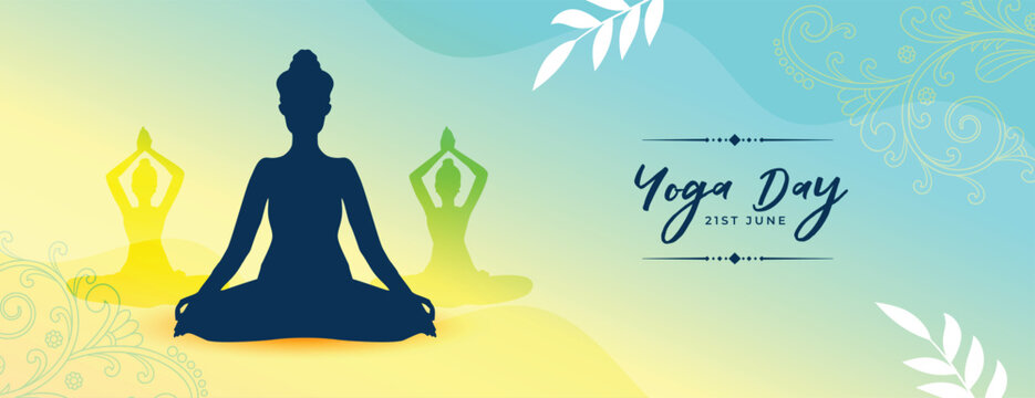 beautiful 21st june yoga day banner with meditation posture silhouette