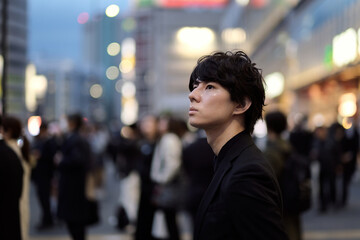 人通りの多い新宿の街を歩く若い男性
