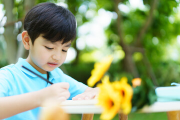 Happy cheerful Asian little boy enjoy drawing and painting alone at home backyard alone.
