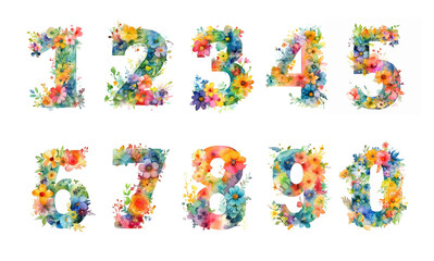Set of watercolor cute summer numbers with colorful wildflowers on a white background. Numbers: 1, 2, 3, 4, 5, 6, 7, 8, 9, 0.  AI generated