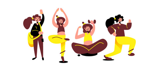 illustration set of people activities. yoga, running, and weight lifting
