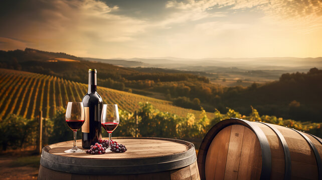 Red wine bottle, wine glass and wooden barrel. Beautiful Italy Tuscany vineyard background