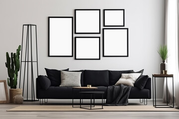 Black sofa with mock up frames on the wall in contemporary living room