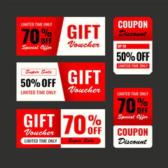 Vector gift voucher marketing promotion with flat design and  red color.