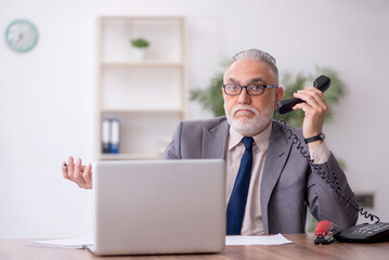 Old male employee speaking by phone at workplace