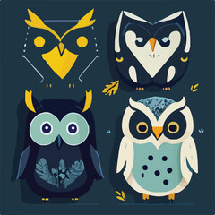 Hand drawn vector abstract graphic cartoon illustrations cards set template with beauty cute minimalistic style wildlife Owl print set. Wild life Owl animal concept design art