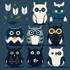 Hand drawn vector abstract graphic cartoon illustrations cards set template with beauty cute minimalistic style wildlife Owl print set. Wild life Owl animal concept design art