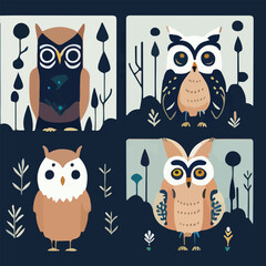 Hand drawn vector abstract graphic cartoon illustrations cards set template with beauty cute minimalistic style wildlife Owl print set. Wild life Owl animal concept design art