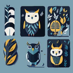 Hand drawn vector abstract graphic cartoon illustrations cards set template with beauty cute minimalistic style wildlife Owl print set. Wild life Owl animal concept design art