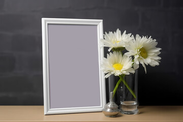 Frame mockup with flowers. Portrait or poster frame mockup. Empty white photo frame