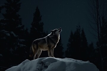 Howling wolf on dark background of forest and full moon in winter. Generative AI