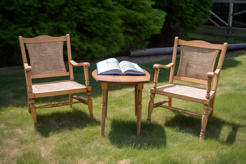 two old style wooden chairs and journal table in the garden on the sunny day