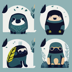 Hand drawn vector abstract graphic cartoon illustrations cards set template with beauty cute minimalistic style wildlife Sloth print set. Wild life Sloth animal concept design art