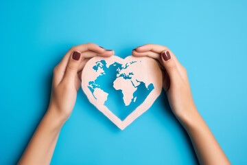 Female hands, painted nails, forming heart shape world map, isolated on blue background. World environment day, Earth day, love