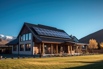 Obraz premium Solar panels on roof of the house renewable energy . Generative AI