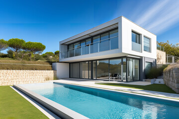 Fototapeta premium The modern facade of a luxury villa. Luxury modern property design concept