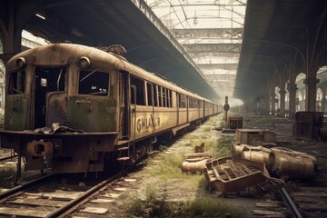Fototapeta na wymiar Post-apocalyptic city with abandoned train station and trains. Generative AI